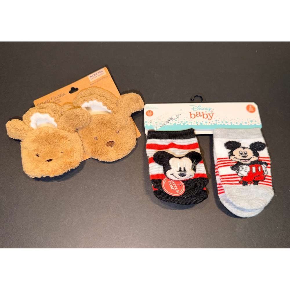 Disney Baby Mickey Mouse Rattle Socks & Faded Glory Bear Slippers Bundle Newborn